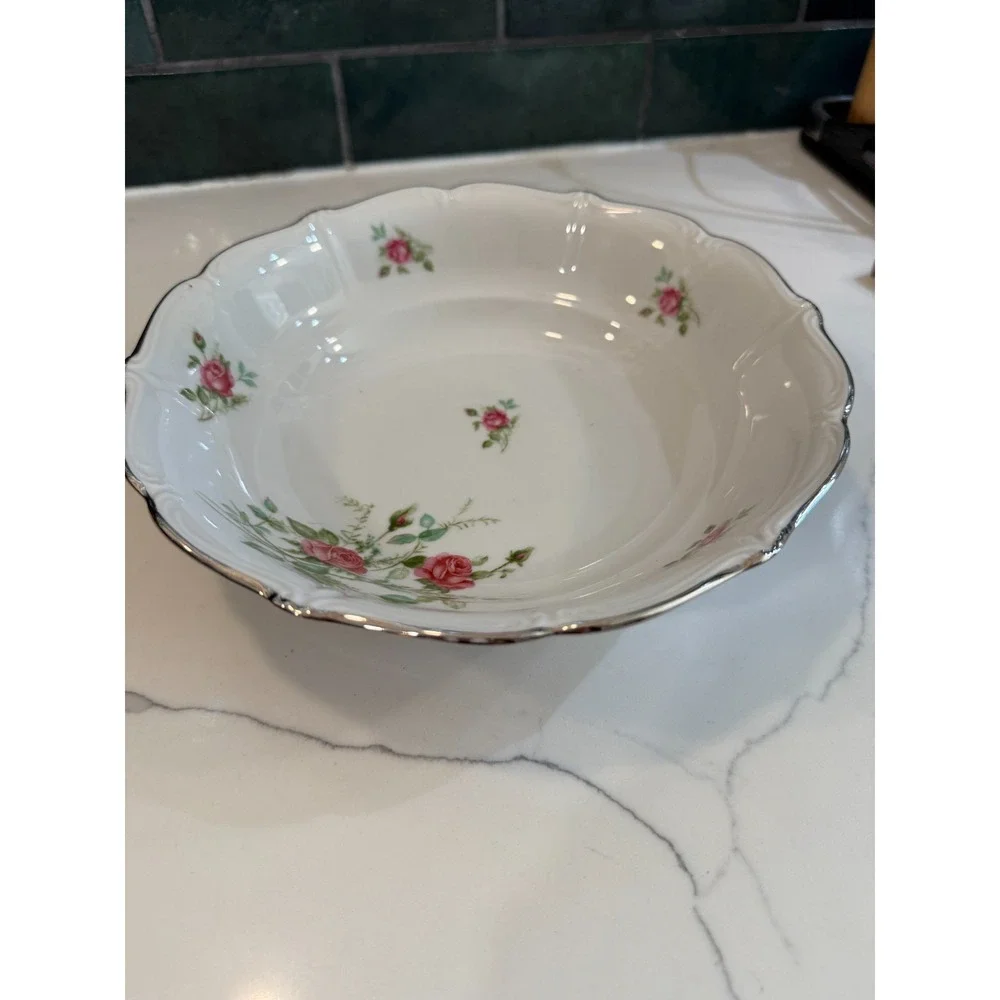 Chalfonte Bavaria Germany Rose Silver Rim Serving Bowl 9.5